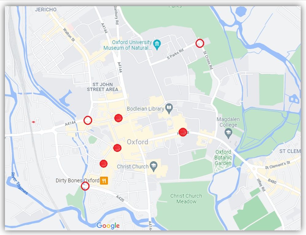 Map of existing and proposed bus gates in Oxford city centre