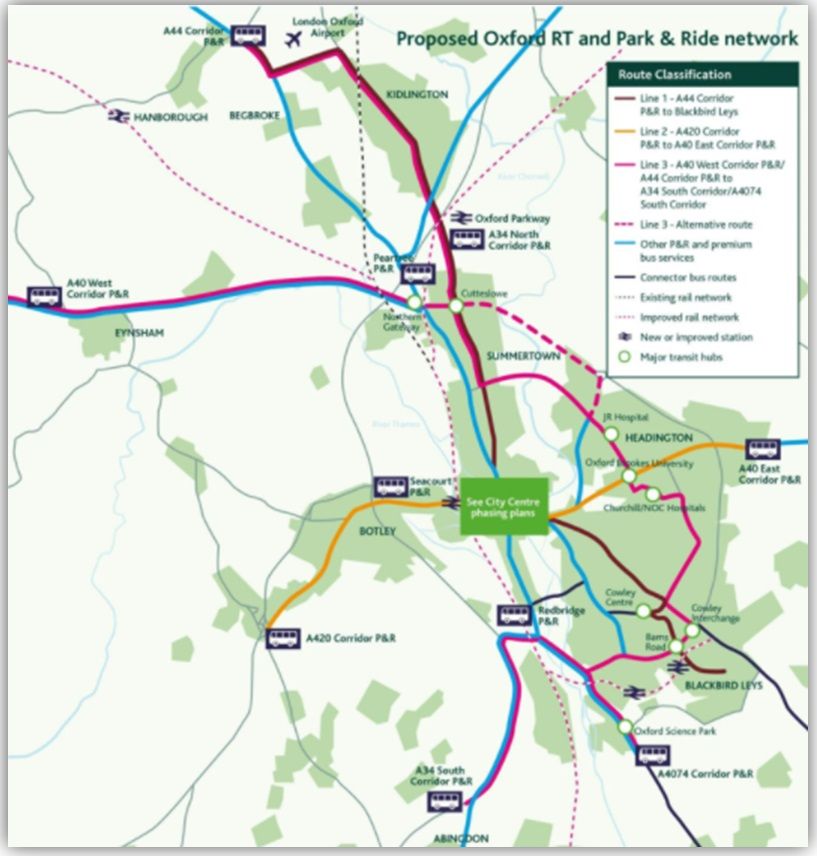 Map of proposed Oxford RT and Park & Ride network