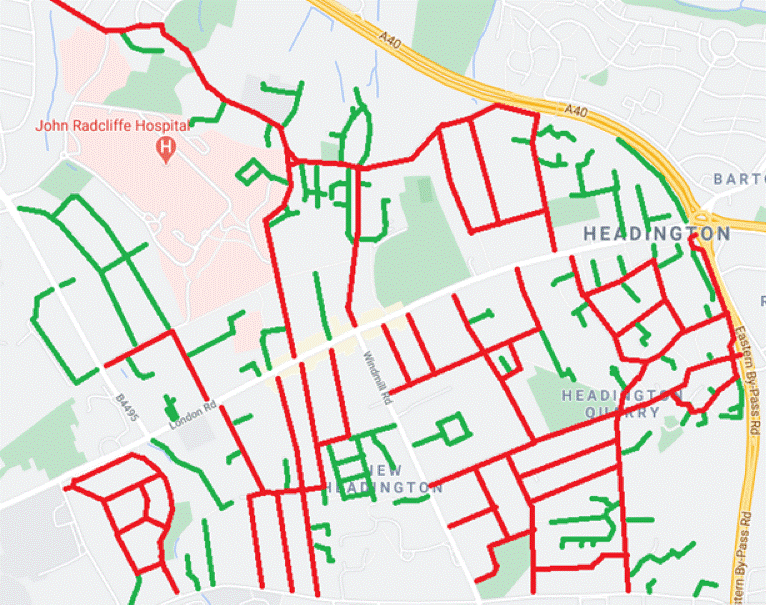 Map of Headington showing low traffic roads in green and high traffic roads in red