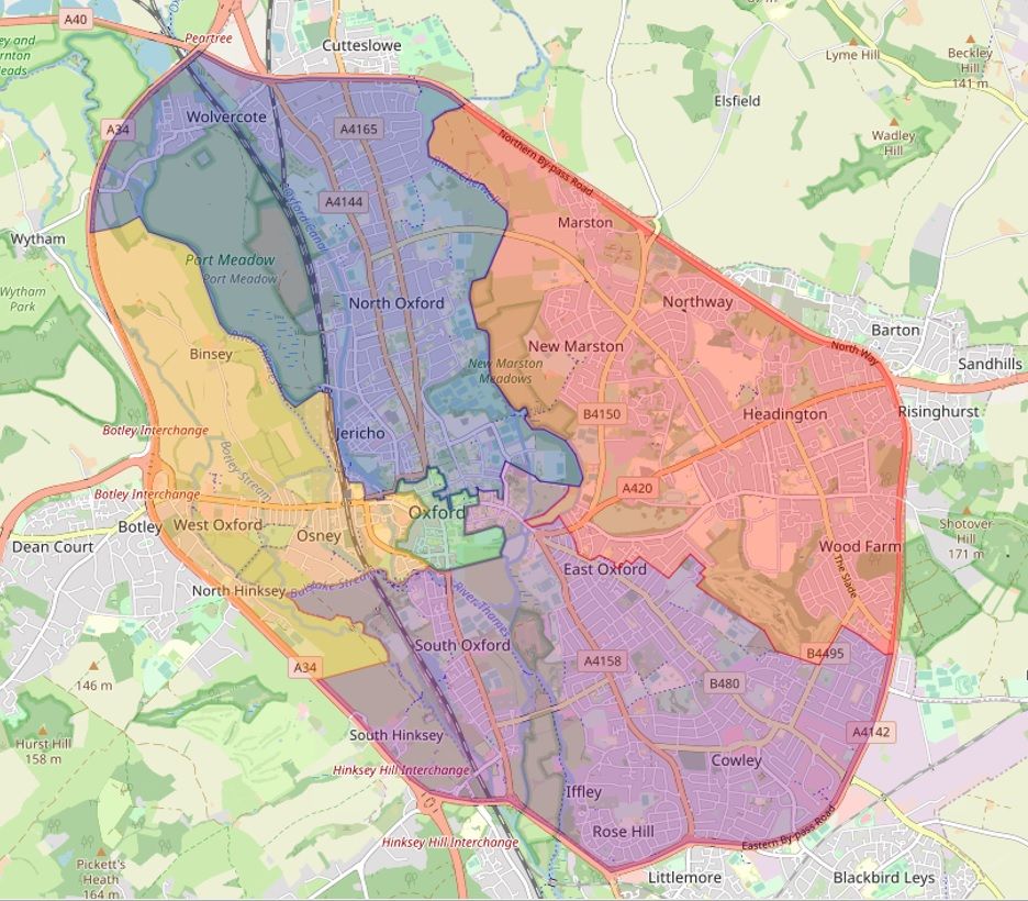Map of Oxford showing the North, East, South, West and Central traffic ‘zones’ that would be created by the proposed 6 traffic filters