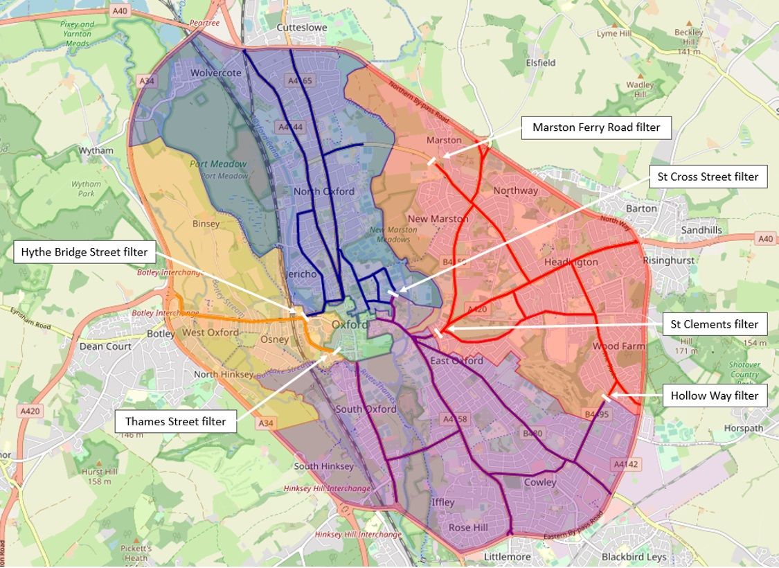 Map of Oxford showing how each zone will be accessed from the Ring Road by its main roads, with the traffic filters preventing private motor vehicles travelling between zones.