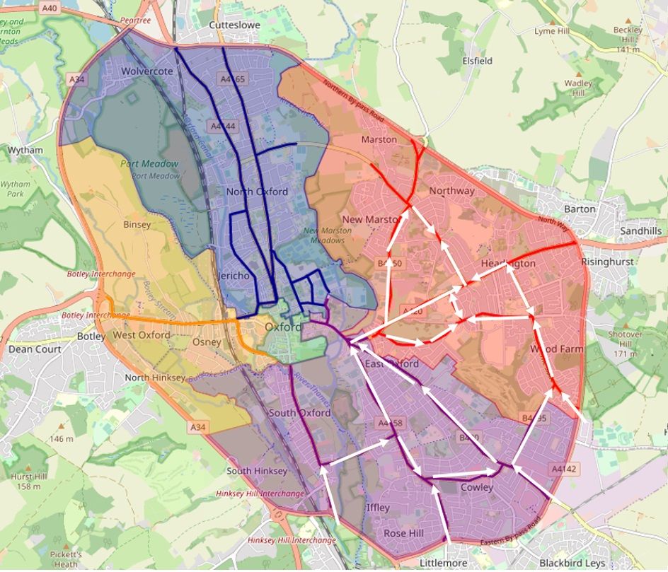 Map of Oxford showing the current main road routes to Headington from Cowley, Iffley, East Oxford and St Clement’s, as indicated with arrows