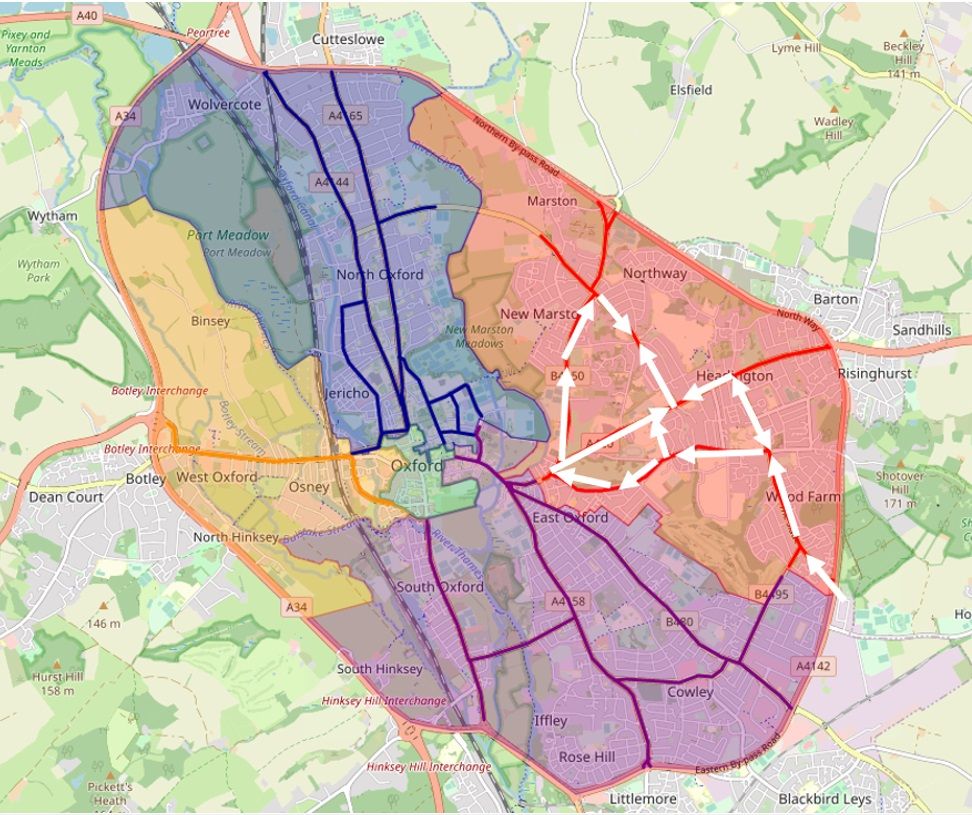 Map of Oxford showing how a traffic filter to the west of Morrell Avenue doesn’t prevent an Old Road – Morrell Avenue – St Clement’s route to the hospitals