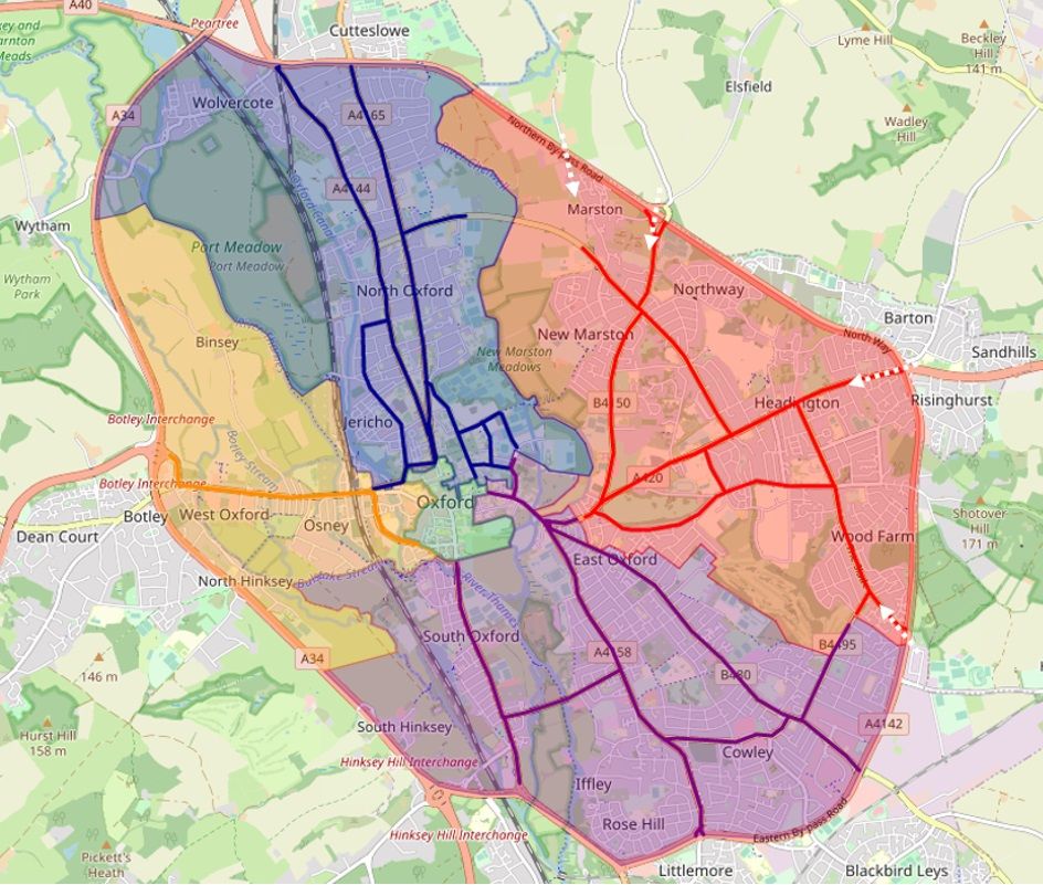 Map of Oxford showing proposed routes for motor traffic destined for Headington (with traffic filters) with access points from the Ring Road only, indicated by arrows