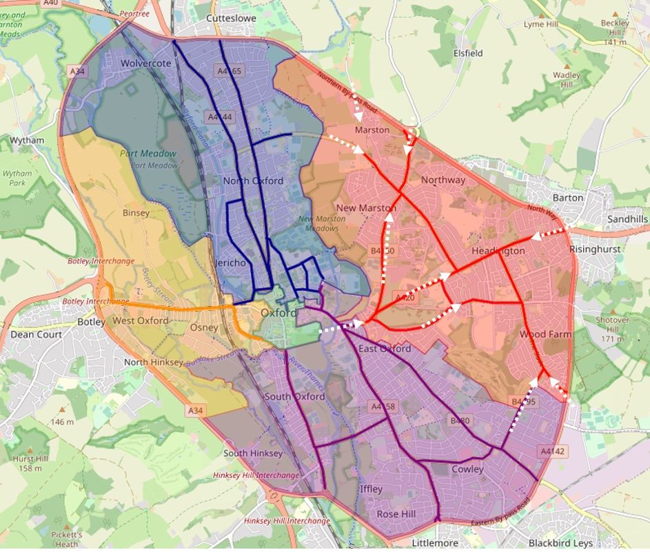 Map of Oxford showing current routes taken by motor traffic destined for Headington (without traffic filters) with access points indicated by arrows