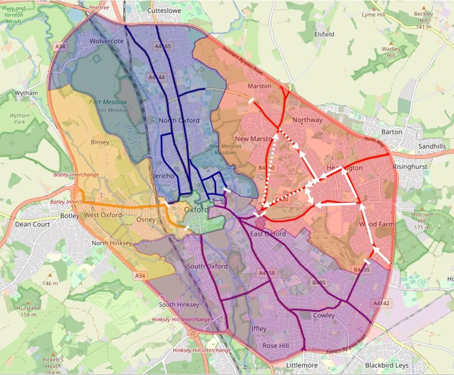 Map of Oxford showing the traffic flow effect of Option 1 described above