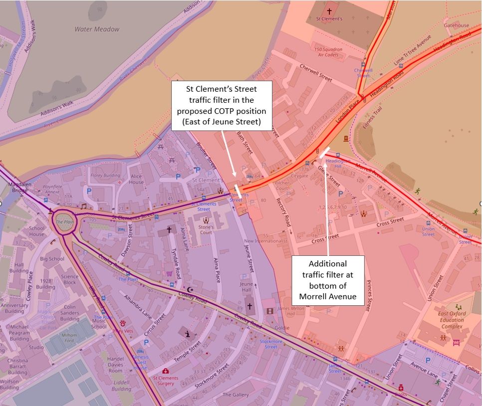 Map of the St Clement’s area of Oxford with an additional traffic filter at the bottom of Morrell Avenue in addition to the St Clement’s Street filter in its current proposed position