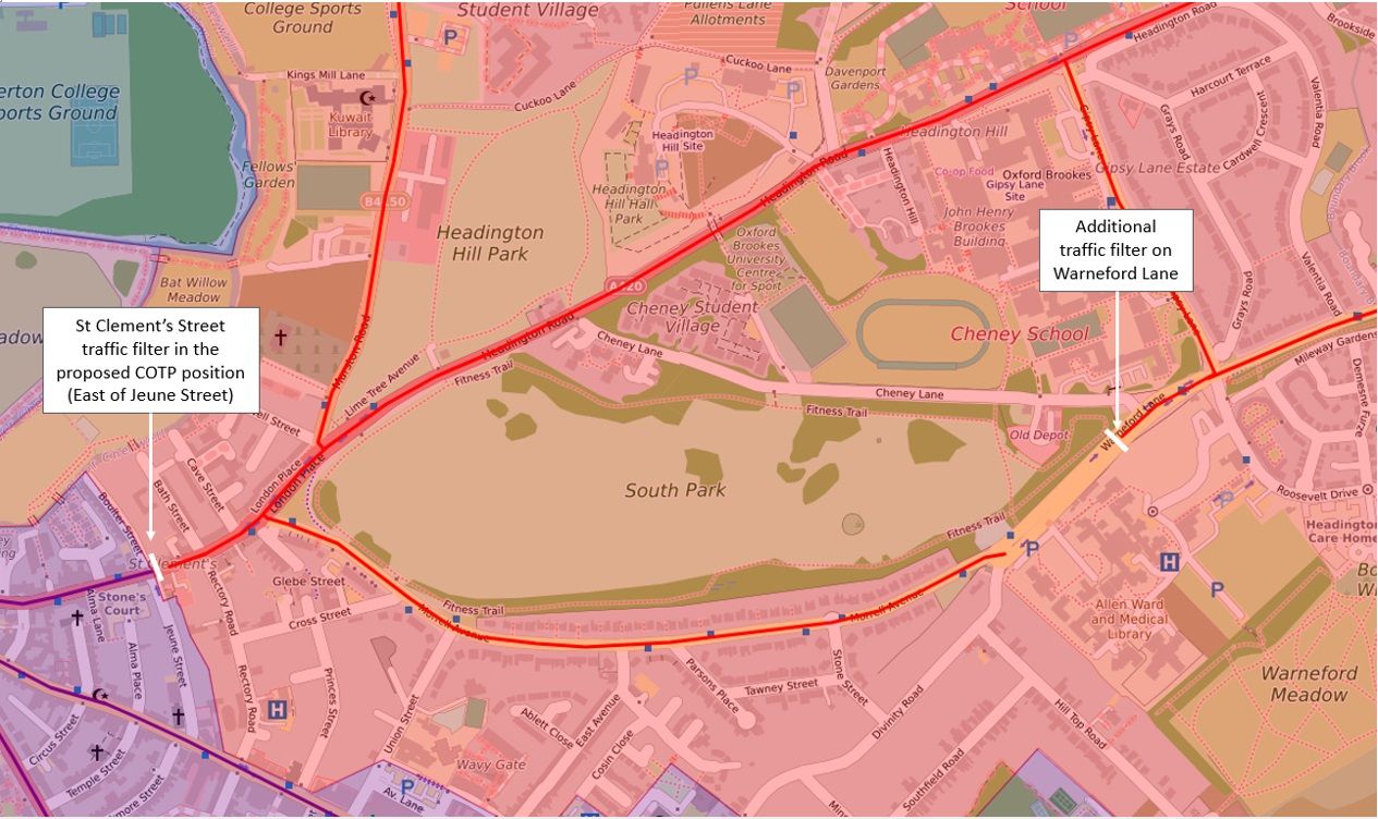 Map of the St Clement’s area of Oxford with an additional traffic filter on Warneford Lane in addition to the St Clement’s Street filter in its current proposed position
