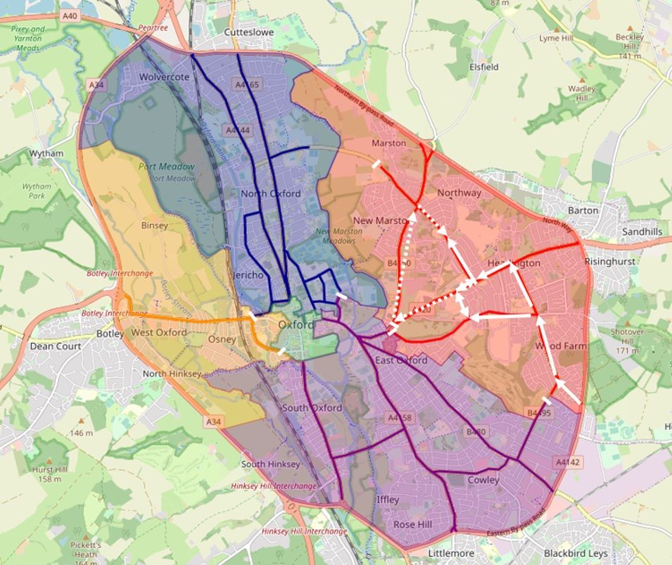 Map of Oxford showing the traffic flow effect of Option 3 described above