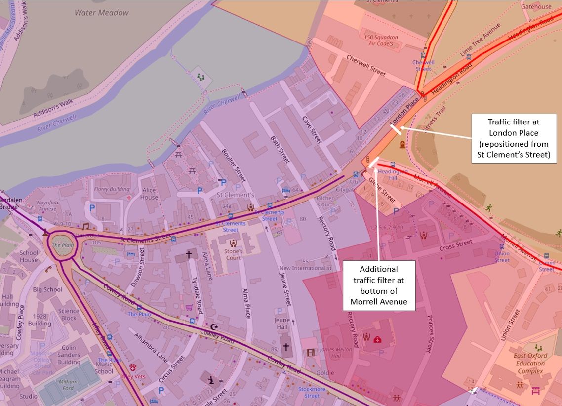 Map of the St Clement’s area of Oxford with an additional traffic filter at the bottom of Morrell Avenue and re-positioning the St Clement’s filter to London Place