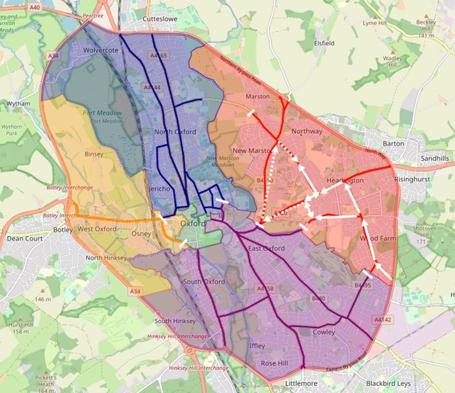 Map of Oxford showing the traffic flow effect of Option 4 described above