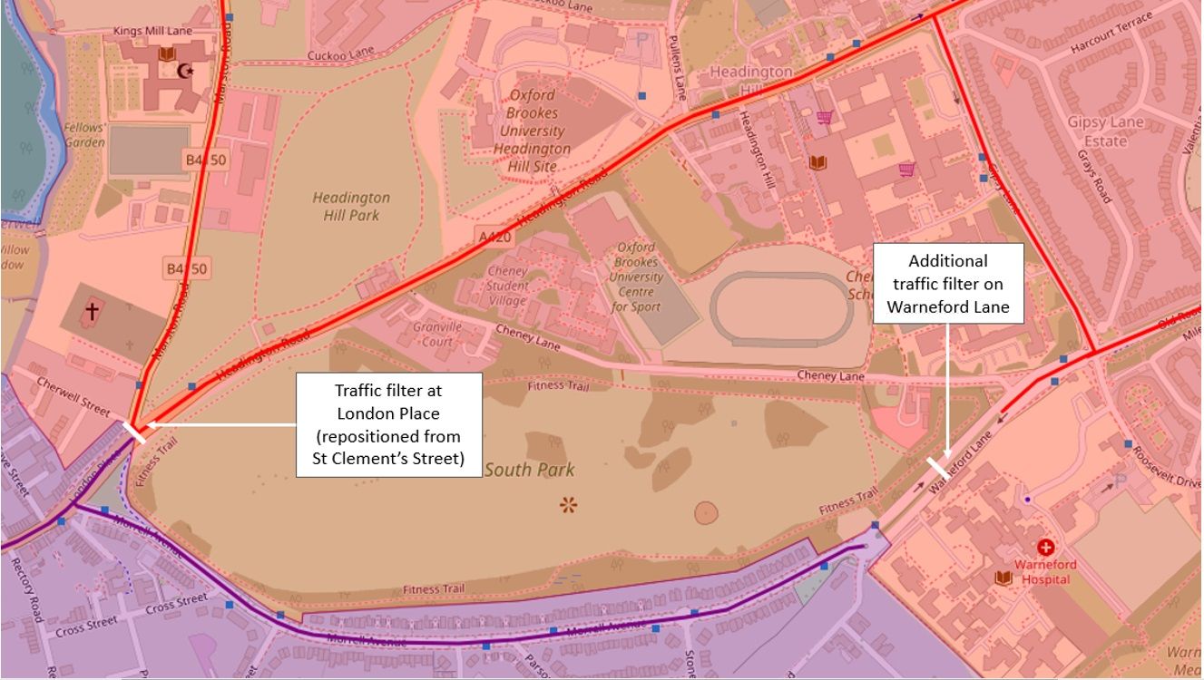 Map of the St Clement’s area of Oxford with an additional traffic filter on Warneford Lane and re-positioning the St Clement’s filter to London Place