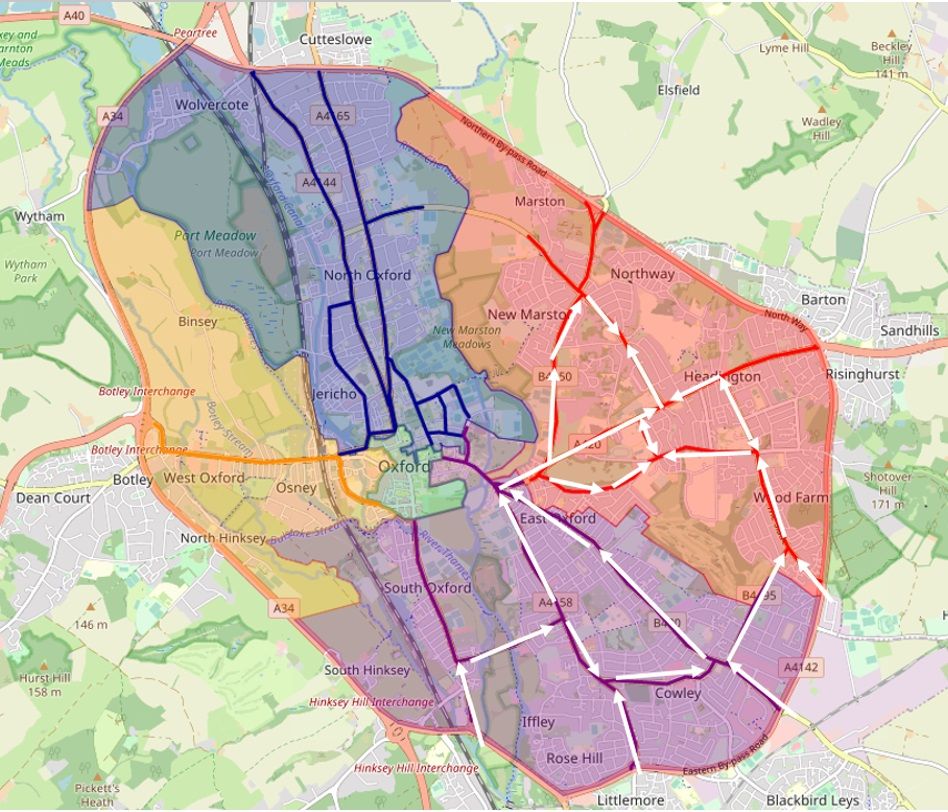 Map of Oxford showing the current main road routes to Headington through Cowley, Iffley, East Oxford and St Clement’s indicated with arrows