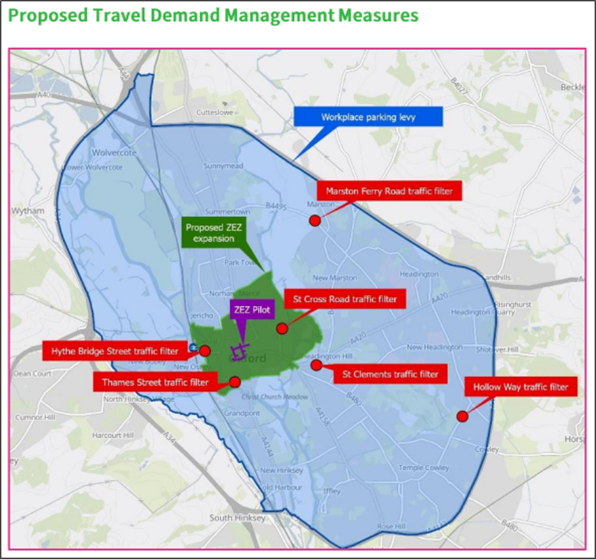 Map of central Oxford showing proposed locations of 6 traffic filters and expanded Zero Emission Zone