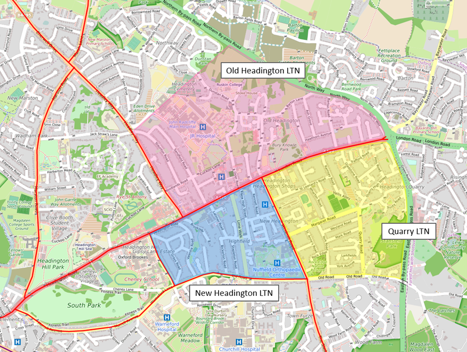 Map of Headington showing the locations of the Council’s planned low-traffic neighbourhood trials in New Headington, Old Headington and Quarry