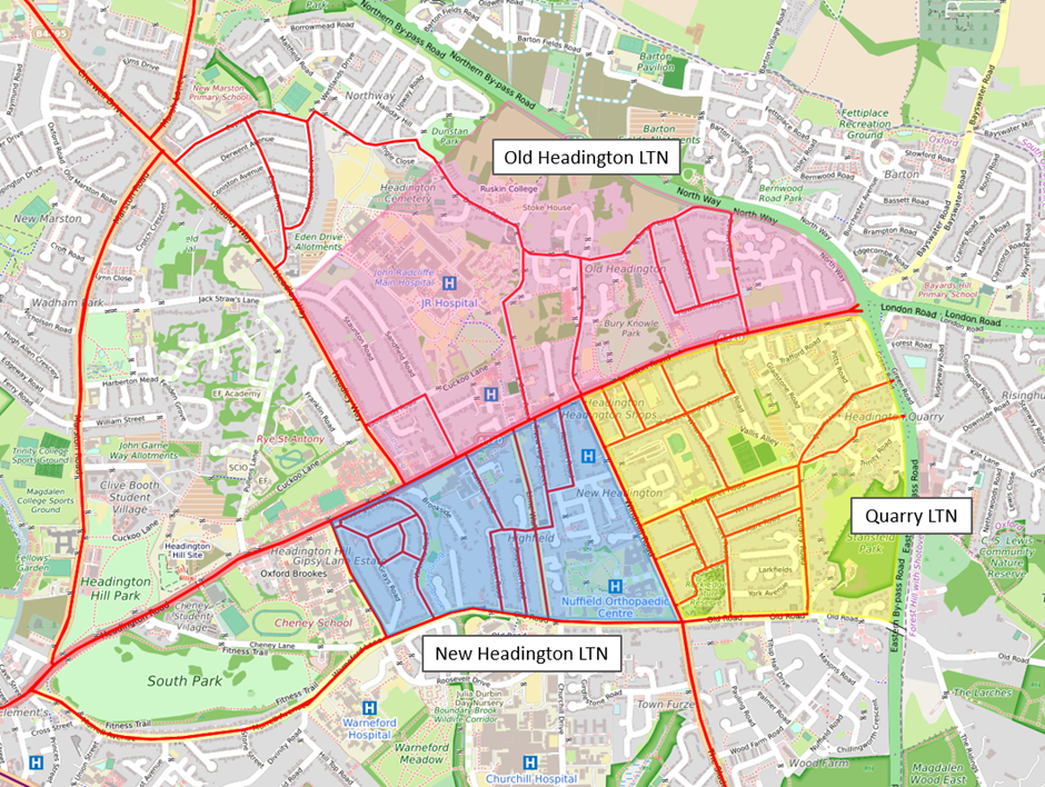 Map showing the minor roads in New Headington, Old Headington and Quarry that serve as cut-throughs between the main roads of Headington