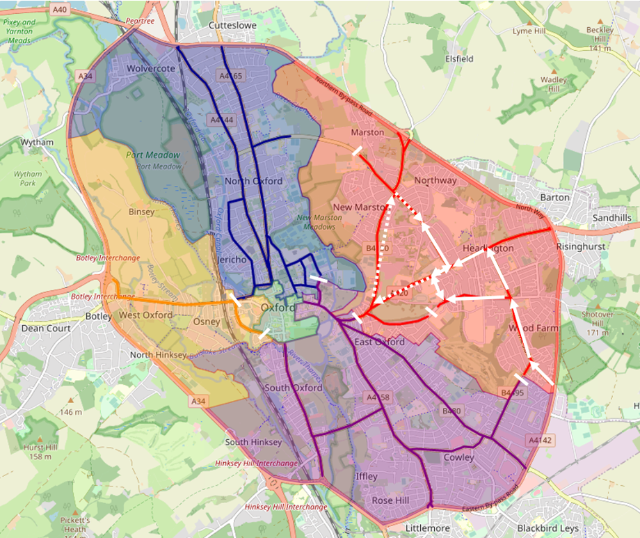 Map of Oxford showing the traffic flow effect of Option 2 described above