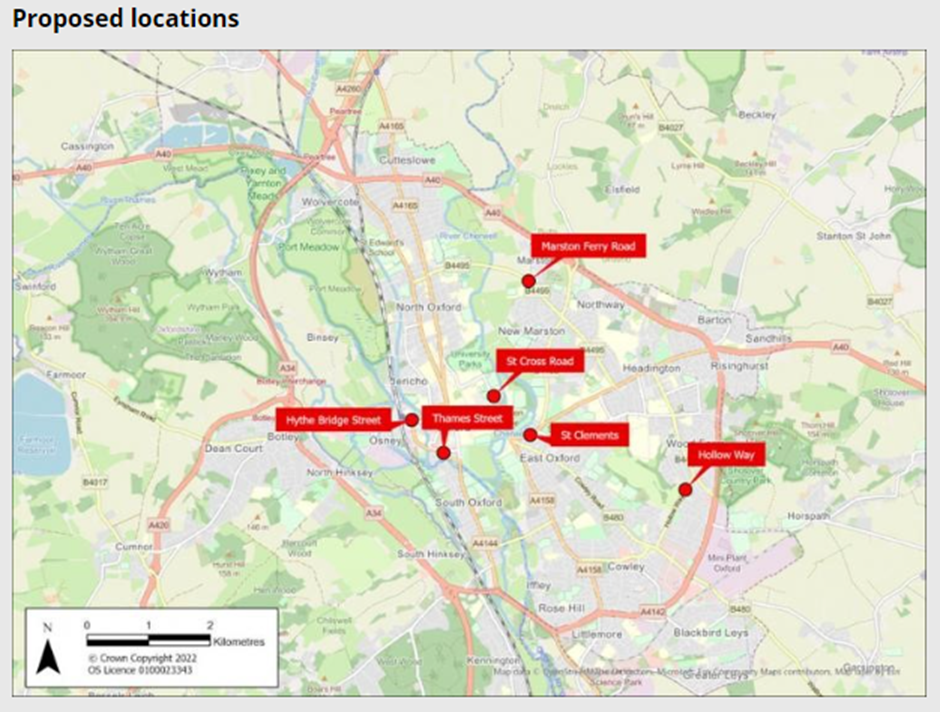 Map of Oxford showing the locations of the six proposed traffic filters, or ‘bus gates’