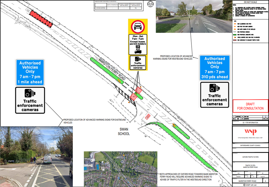 Plan showing the exact positioning of the proposed traffic filter on Marston Ferry Road directly north of the Swan School entrance