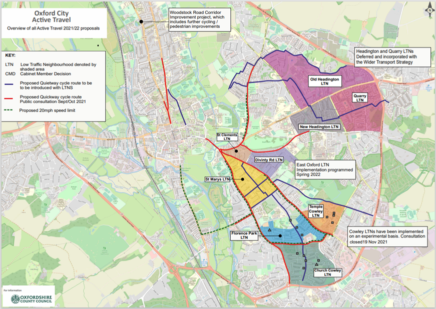 Map showing Council’s intention for LTNs to support the Quietway cycle routes through Oxford