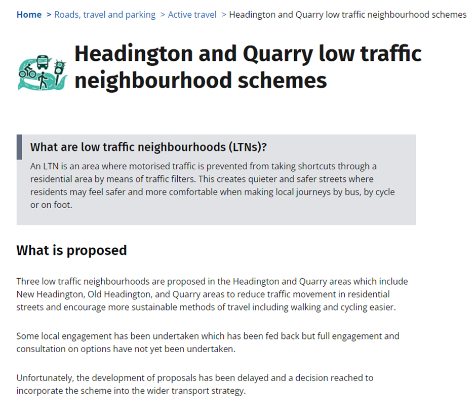 OCC's Active Travel webpage in August 2022, stating development of the proposals had been delayed 