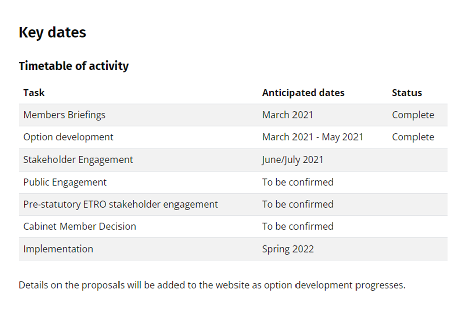 Timetable on OCC's Active Travel webpage in August 2022 showing implementation of the Headington LTN trials set for Spring 2022
