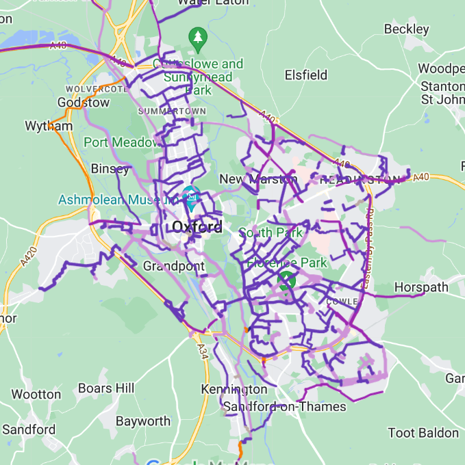 Map showing low number of quiet cycle routes in Headington relative to other parts of Oxford