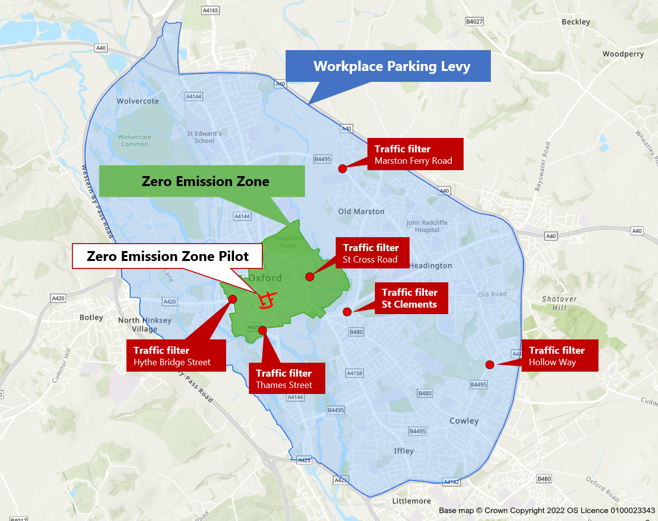 A map showing the proposed area for the Connecting Oxford transport improvement scheme 