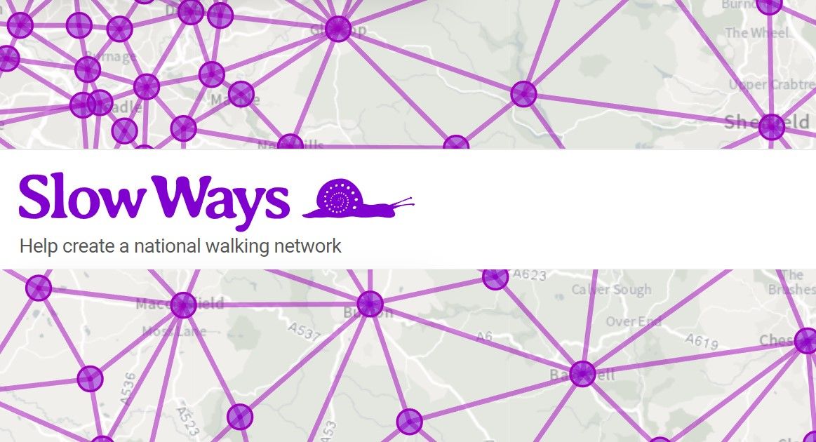 The Slow Ways snail logo and caption "Help create a national walking network" over lines connecting points on a map  