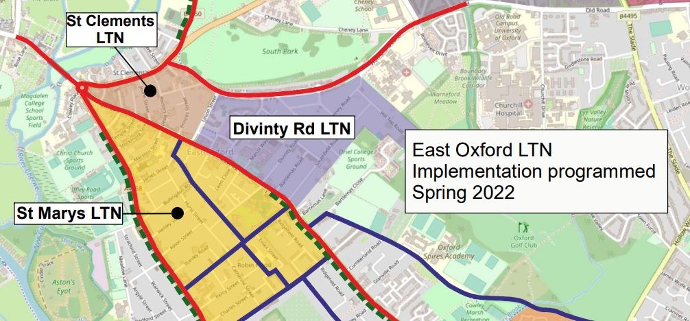 Map showing St Clement’s, St Mary’s and Divinity Road low traffic neighbourhood zones in East Oxford