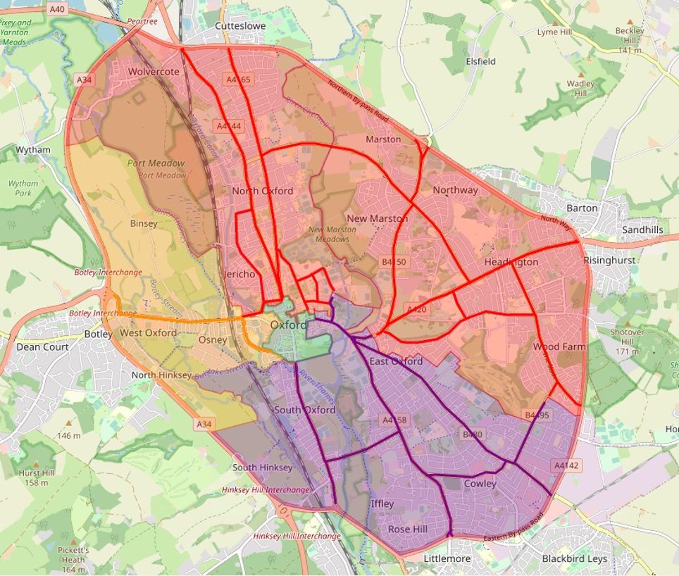 Map of Oxford showing the ‘North-East high-traffic superblock’ created by omitting the Marston Ferry Road traffic filter