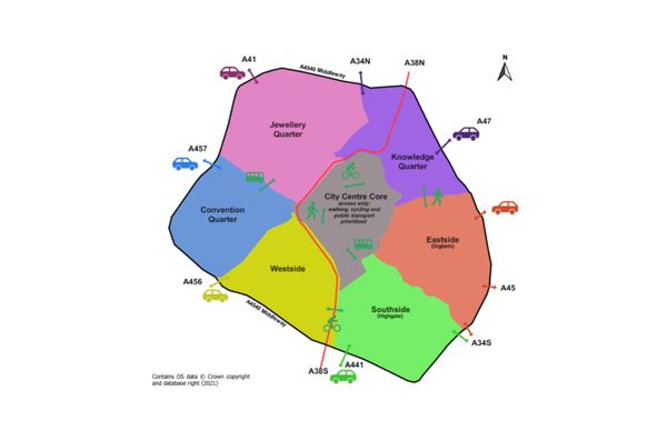 Map of Birmingham showing a ‘City Centre Core’ segment surrounded by six further segments