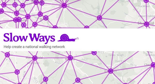 The Slow Ways snail logo and caption "Help create a national walking network" over lines connecting points on a map  